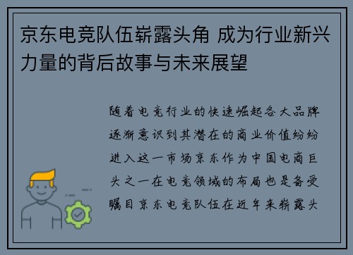 京东电竞队伍崭露头角 成为行业新兴力量的背后故事与未来展望